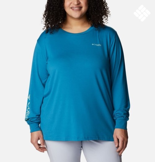 Women's Columbia PFG Slack Water Graphic Long Sleeve Sweatshirts Blue | Plus Size CA-YC34A